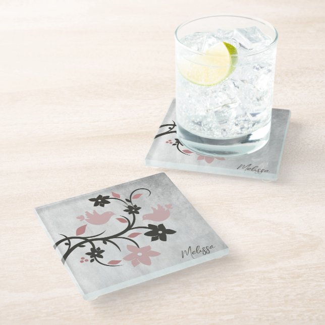 Rosa Lovebirds Personalisiert Glass Untersetzer (Schrägansicht)
