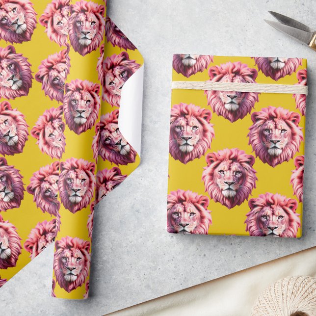 Rosa Löwenkopf-Tiermuster-Design Gelb  Geschenkpapier (Von Creator hochgeladen)