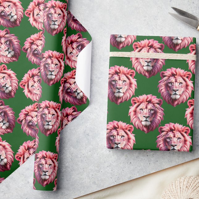 Rosa Löwenkopf-Tiermuster-Design Grün Geschenkpapier (Von Creator hochgeladen)