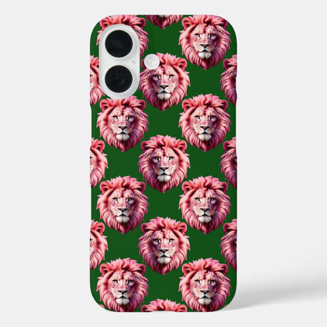 Rosa Löwenkopf-Tiermuster-Design Grün iPhone 16 Hülle (Rückseite)