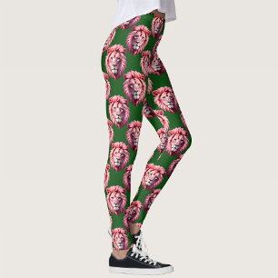 Rosa Löwenkopf-Tiermuster-Design Grün Leggings