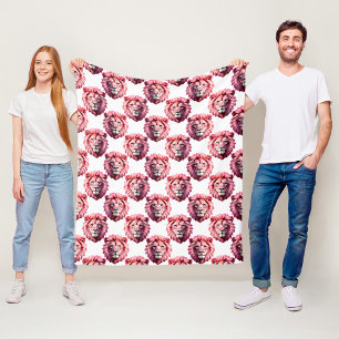 Rosa Löwenkopf Tiermuster Design Weiß Fleecedecke