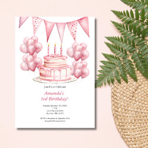 Rosa Luftballons Geburtstagskuchen Banner Mädchen Einladung