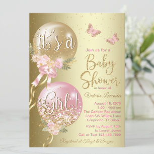 Rosa Luftballons Schmetterling Baby Shower Einladung