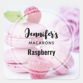 Rosa Macarons und rote Himbeeren Backen Quadratischer Aufkleber