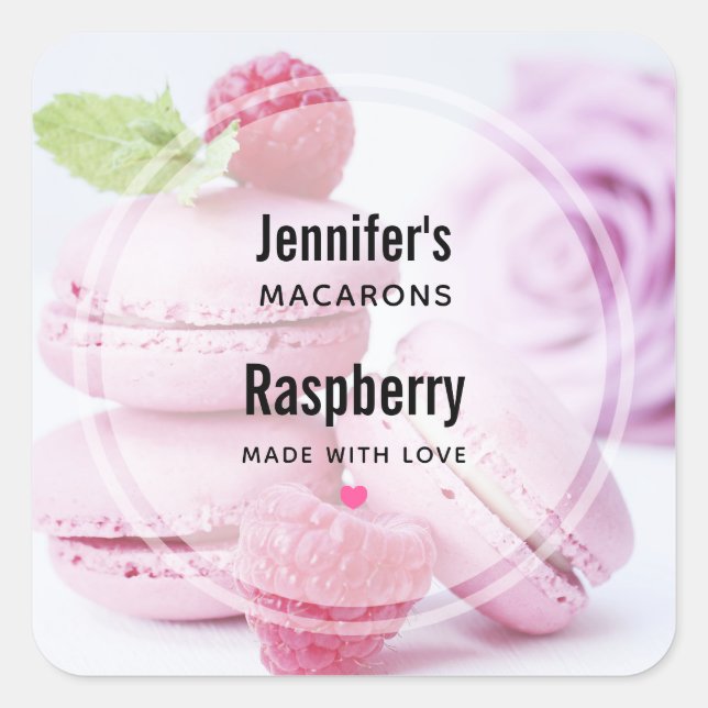 Rosa Macarons und rote Himbeeren Bäckereigeschäft Quadratischer Aufkleber (Vorderseite)