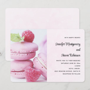 Rosa Macarons und rote Himbeeren Hochzeit Einladung