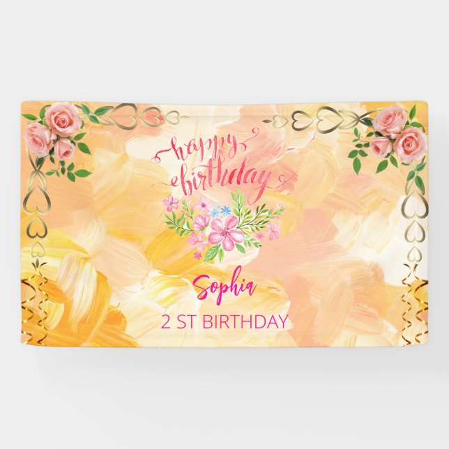 Rosa Mädchen Begrüßung florfarbenes Aquarell Gebur Banner (Horizontal)