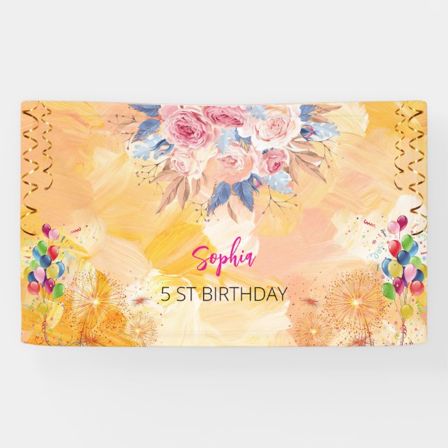 Rosa Mädchen Begrüßung florfarbenes Aquarell Gebur Banner (Horizontal)