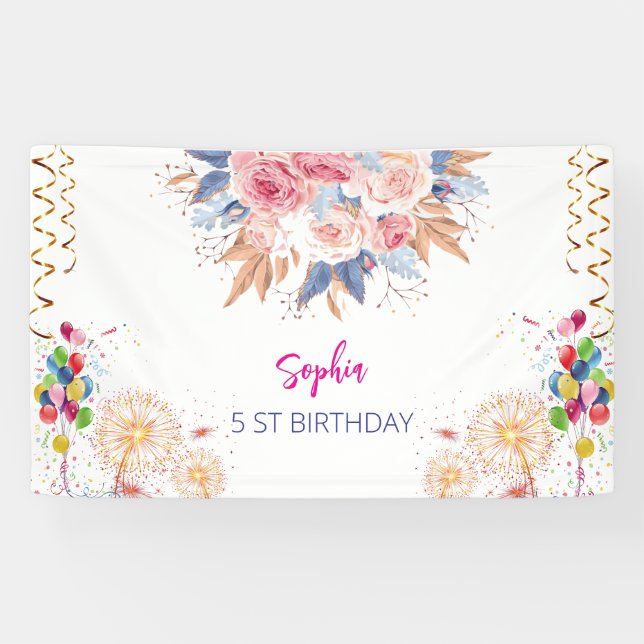 Rosa Mädchen Begrüßung florfarbenes Aquarell Gebur Banner (Horizontal)
