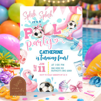 Rosa Mädchen-Bogen-Fußball-Pool-Party-Geburtstags Einladung