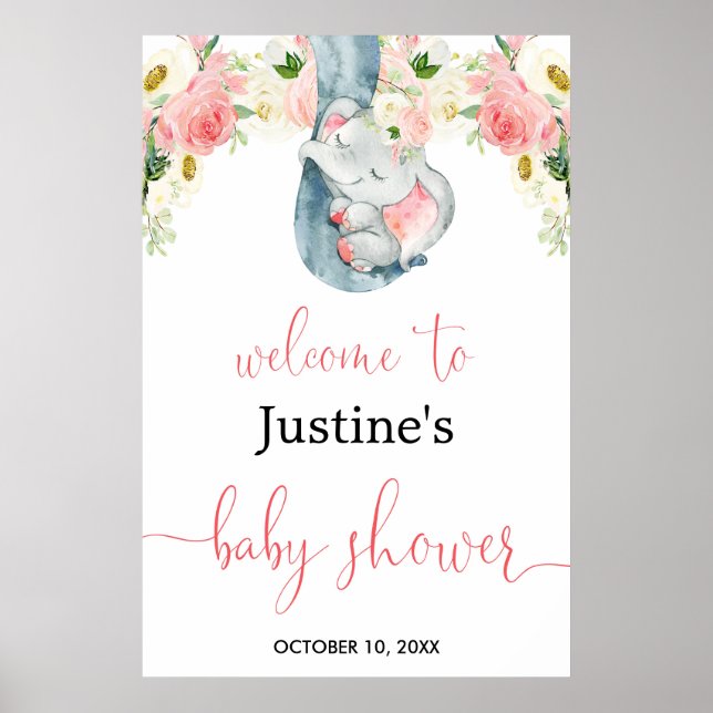 Rosa Mädchen Elefant Babydusche Begrüßungszeichen Poster (Vorne)