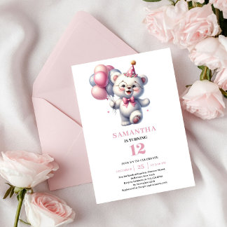 Rosa Mädchen Geburtstag Teddybär Elfenbein Ballons Einladung