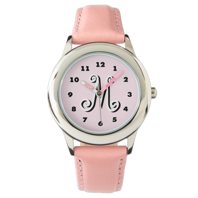 Rosa Mädchen gucken | Monogramm mit personalisiert Armbanduhr (Vorderseite)