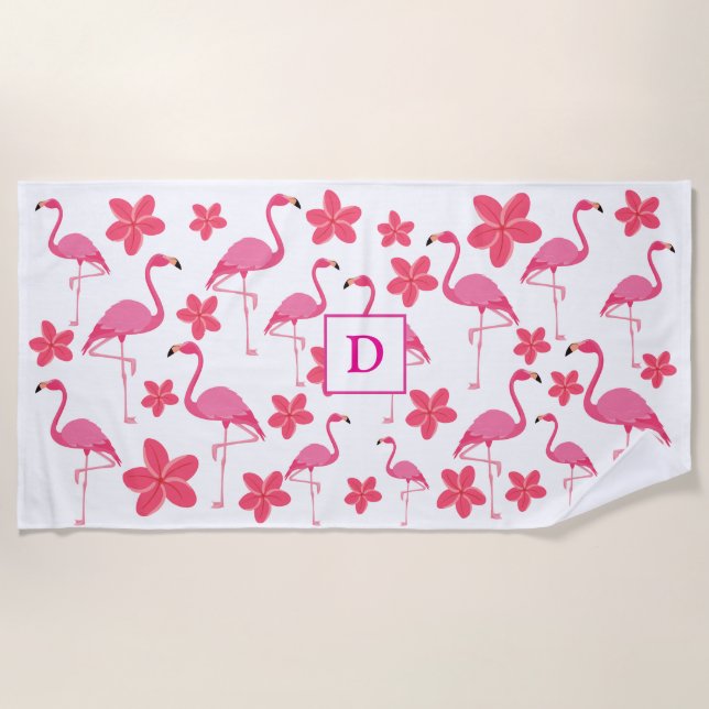 Rosa Mädchen-Monogramm-Flamingo-Muster Strandtuch (Vorderseite)