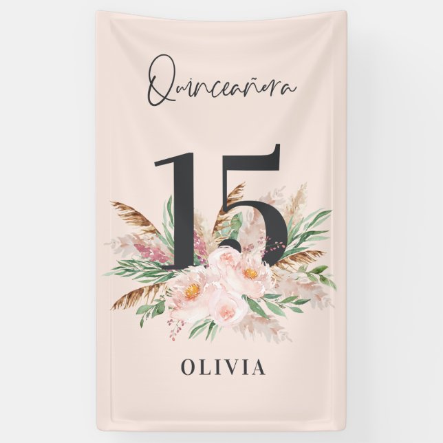Rosa mädchenhafte Aquarellblüte Eleganter Geburtst Banner (Vertikal)