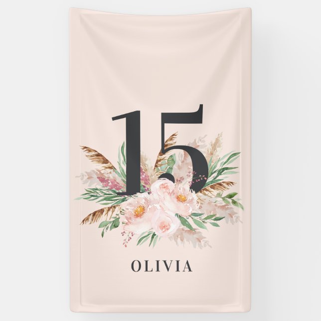 Rosa mädchenhafte Aquarellblüte Eleganter Geburtst Banner (Vertikal)