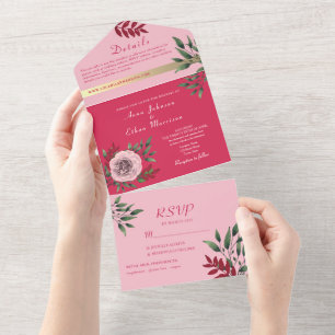 Rosa Magenta All-in-One Hochzeit Einladung + Foto