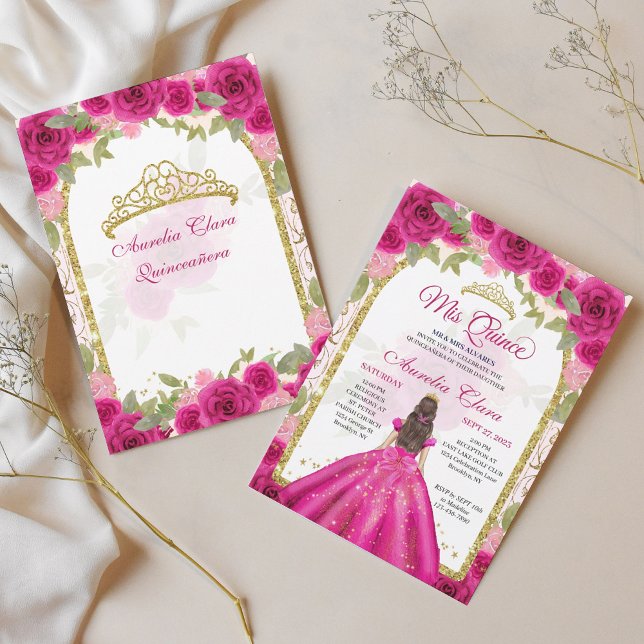 Rosa Magenta Floral Princess Gold Arch Quinceanera Einladung (Von Creator hochgeladen)