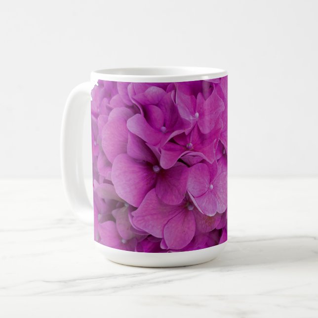 Rosa Magenta-Hydrangeas-Rose Kaffeetasse (Vorderseite Links)