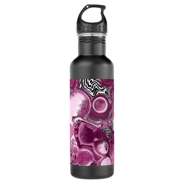 Rosa, Magenta und Schwarze Fluid Art Malerei Edelstahlflasche (Vorderseite)
