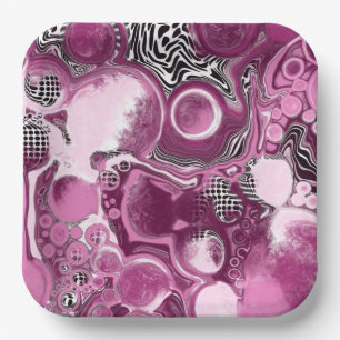 Rosa, Magenta und Schwarze Fluid Art Malerei Pappteller
