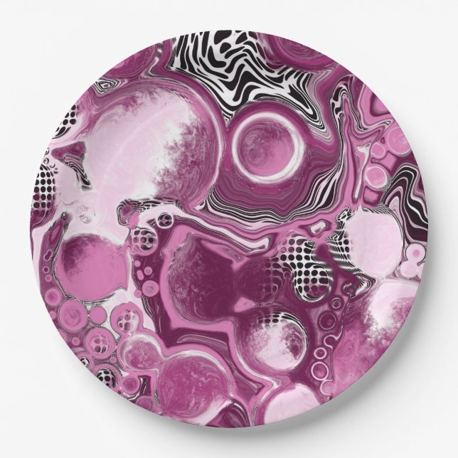 Rosa, Magenta und Schwarze Fluid Art Malerei Pappteller (Vorderseite)