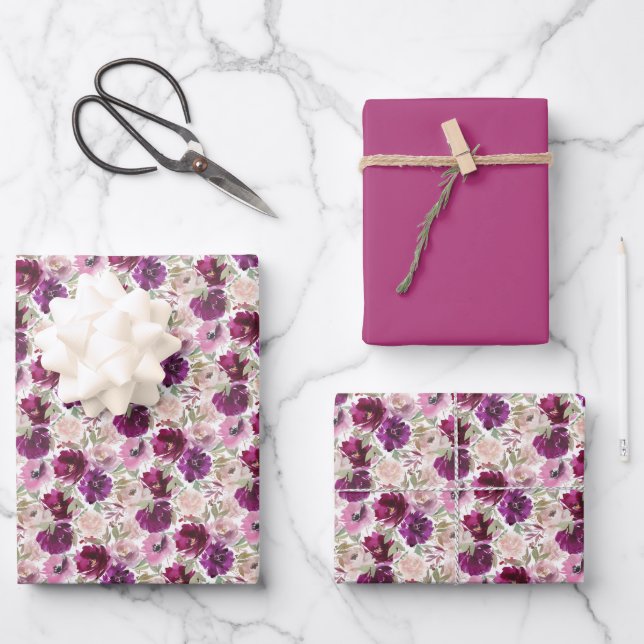 Rosa Magenta Wasserfarben Geschenkpapier Set (Vorderseite)