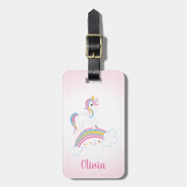 Rosa magischer RegenbogenUnicorn personalisiert Gepäckanhänger (Vorderseite vertikal)