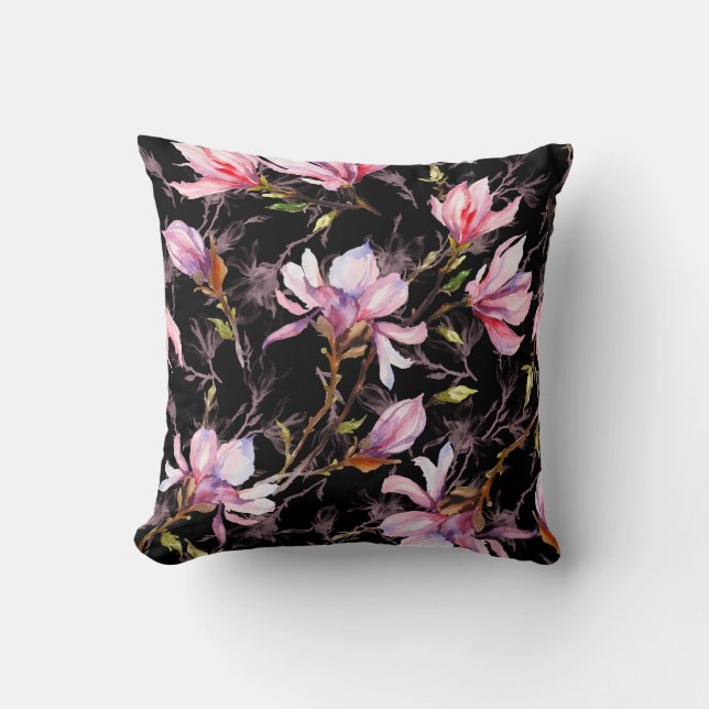 Rosa Magnolia-Blume auf einem Zweigmuster Kissen (Vorderseite)
