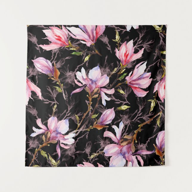 Rosa Magnolia-Blume auf einem Zweigmuster Wandteppich (Vorderseite)