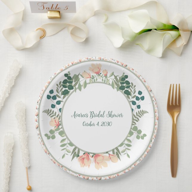 Rosa Magnolia Blume und Grünes Brautparty Pappteller (Hochzeit)