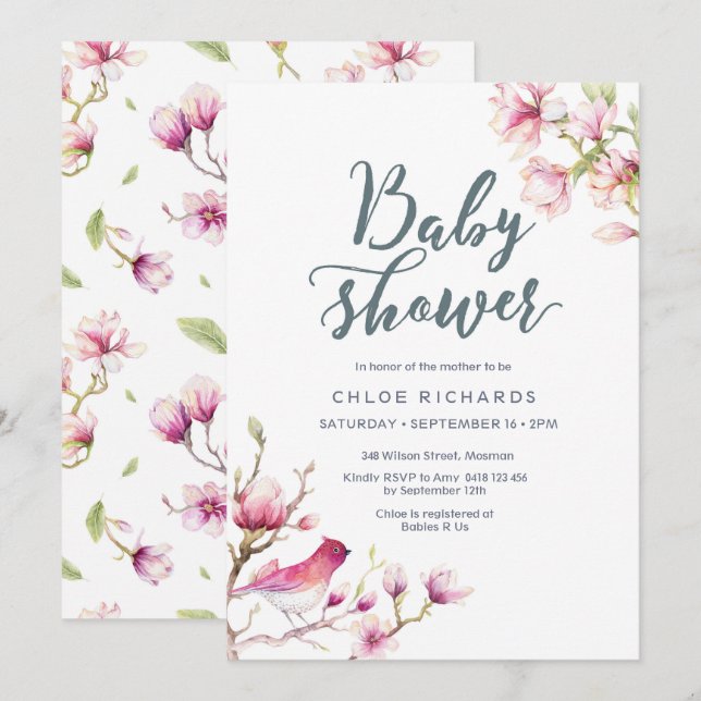 Rosa Magnolia Floral Baby Dusche Einladung (Vorne/Hinten)