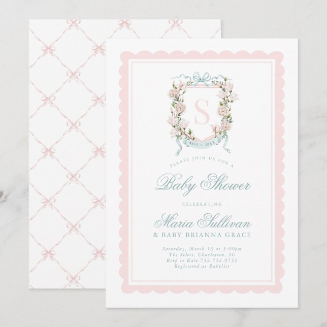 Rosa Magnolia Monogram Baby in Blütendusche Einladung (Vorne/Hinten)