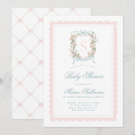 Rosa Magnolia Monogram Baby in Blütendusche Einladung