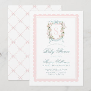 Rosa Magnolia Monogram Baby in Blütendusche Einladung