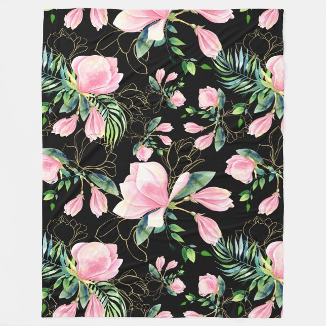 Rosa Magnolia Wasserfarbenes Muster Schwarz Fleecedecke (Vorderseite)