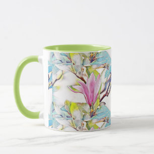 Rosa Magnolie Blume Aquarellblau Hintergrund Tasse