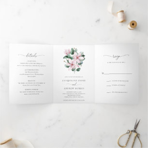 Rosa Magnolie Florale Elegante Hochzeit Dreifach Gefaltete Einladung