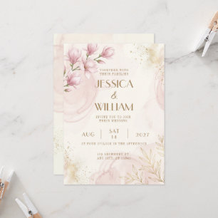Rosa Magnolie Gold Glitter Hochzeits-Einladung Einladung
