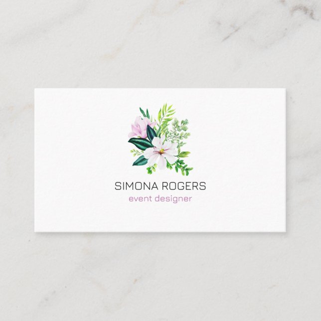Rosa Magnolie und Blätter, Aquarellblume Visitenkarte (Vorderseite)