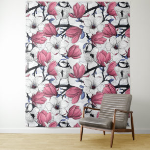 Rosa Magnolie und Blaumeisen Wandteppich