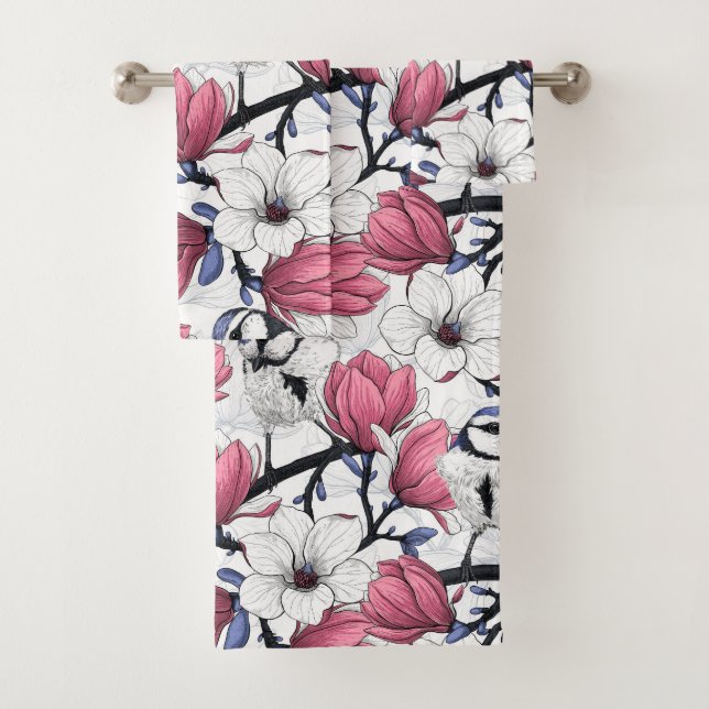 Rosa Magnolie und Blauzungenvögel Badhandtuch Set (Insitu)