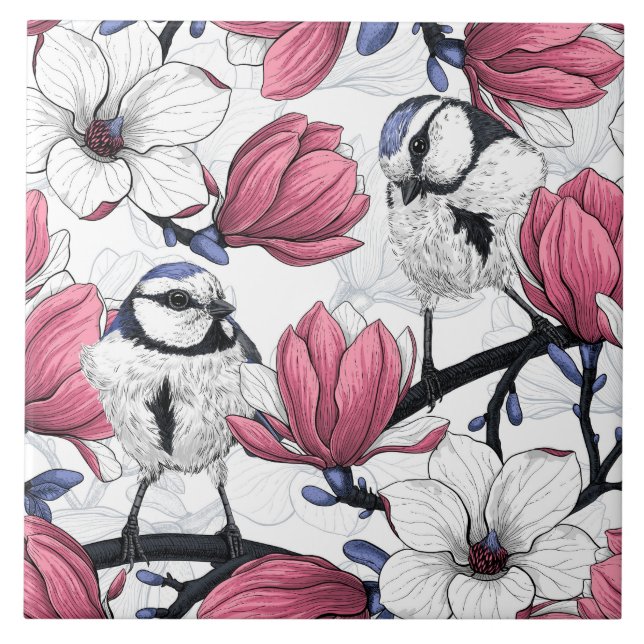 Rosa Magnolie und Blauzungenvögel Fliese (Vorderseite)