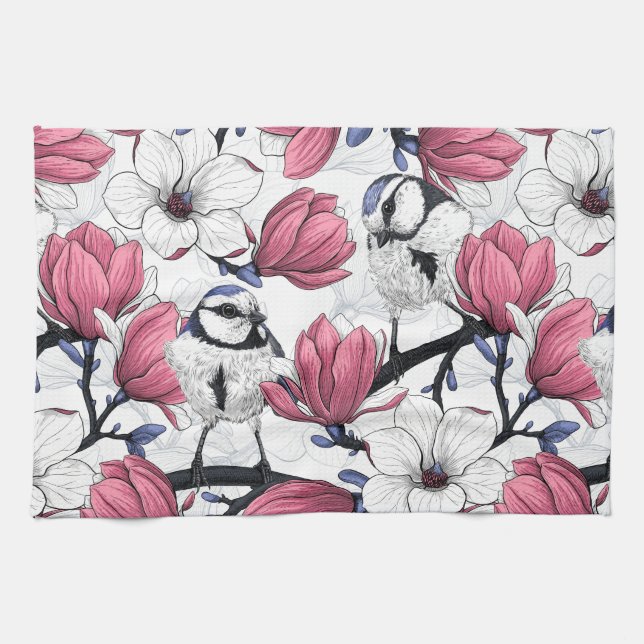 Rosa Magnolie und Blauzungenvögel Geschirrtuch (Horizontal)