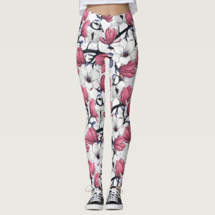 Rosa Magnolie und Blauzungenvögel Leggings