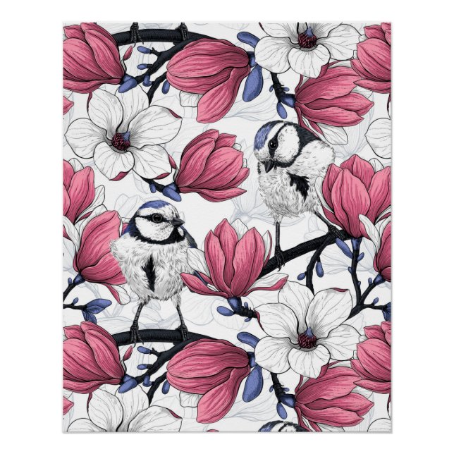 Rosa Magnolie und Blauzungenvögel Poster (Vorderseite)