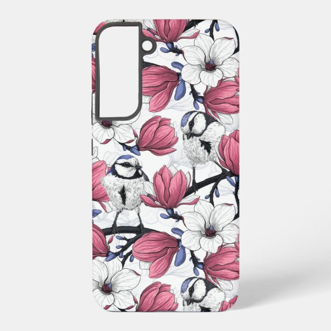 Rosa Magnolie und Blauzungenvögel Samsung Galaxy Hülle (Rückseite)
