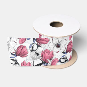 Rosa Magnolie und Blauzungenvögel Satinband