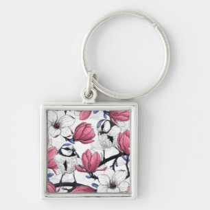 Rosa Magnolie und Blauzungenvögel Schlüsselanhänger